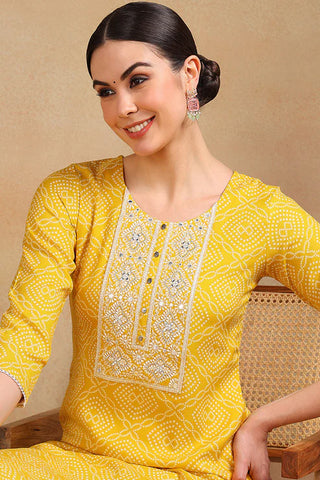 Yellow Viscose Rayon Bandhani Print & Embroidered Straight Shape Suit Set with Dupatta