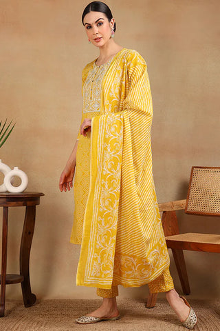 Yellow Viscose Rayon Bandhani Print & Embroidered Straight Shape Suit Set with Dupatta