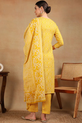 Yellow Viscose Rayon Bandhani Print & Embroidered Straight Shape Suit Set with Dupatta