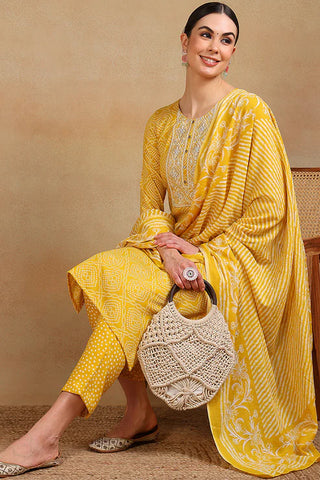 Yellow Viscose Rayon Bandhani Print & Embroidered Straight Shape Suit Set with Dupatta