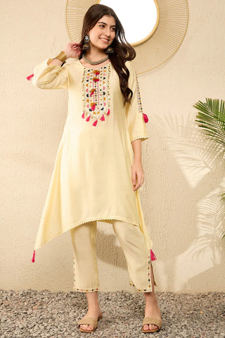 Yellow Viscose Rayon Thread Embroidered A Line Kurta Trouser CO-Ord Set