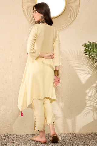 Yellow Viscose Rayon Thread Embroidered A Line Kurta Trouser CO-Ord Set