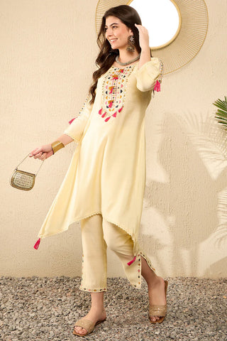 Yellow Viscose Rayon Thread Embroidered A Line Kurta Trouser CO-Ord Set