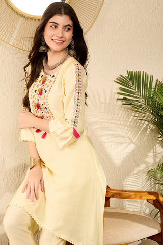 Yellow Viscose Rayon Thread Embroidered A Line Kurta Trouser CO-Ord Set