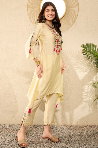 Yellow Viscose Rayon Thread Embroidered A Line Kurta Trouser CO-Ord Set