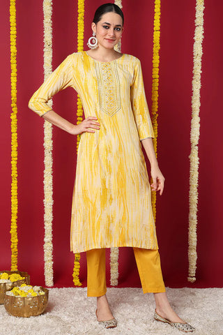 Yellow Viscose Rayon Abstract Print Straight Shape Kurta