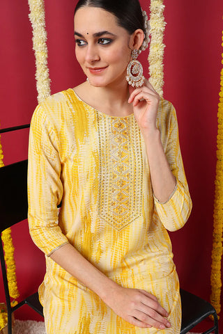 Yellow Viscose Rayon Abstract Print Straight Shape Kurta