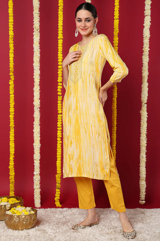 Yellow Viscose Rayon Abstract Print Straight Shape Kurta