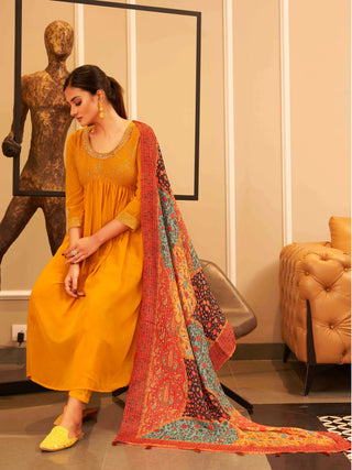 Mustard Ethnic Motif Designed & Sequin Detailing Anarkali Suit Set with Printed Dupatta