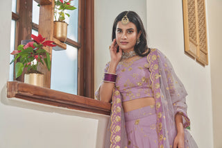 Purple Art Silk Zari & Sequins Embroidered Lehenga Choli Set with Butterfly Net Dupatta
