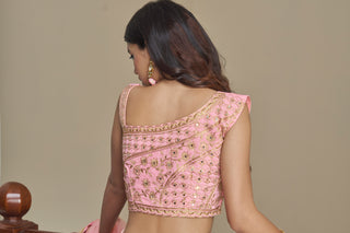 Pink Titan Silk Dori, Mirror, Zari & Sequins Embroidered Lehenga Choli Set with Butterfly Net Dupatta