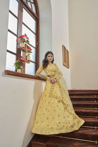 Yellow Art Silk Zari & Sequins Embroidered Lehenga Choli Set with Butterfly Net Dupatta