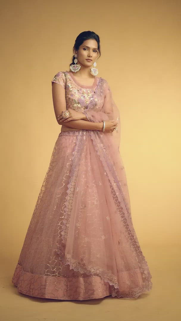 Net Pink Zari & Thread Embroidered Wedding Wear Lehenga Choli Set