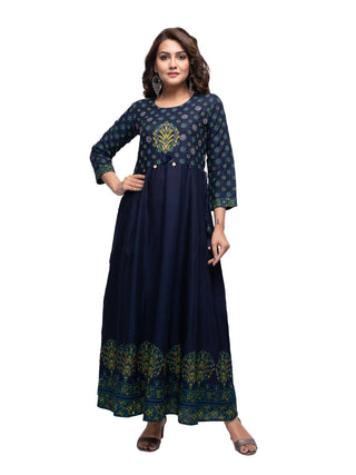 Rayon Blue Printed Embroidered Anarkali Style Gown - Ria Fashions