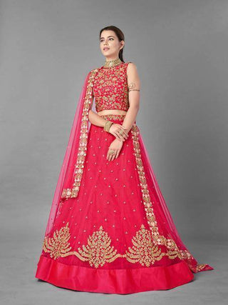 Red Heavy Embroidered Soft Net bridal Lehenga - Ria Fashions