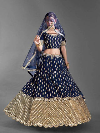 Navy Blue Heavy Embroidered Art Silk bridal Lehenga - Ria Fashions
