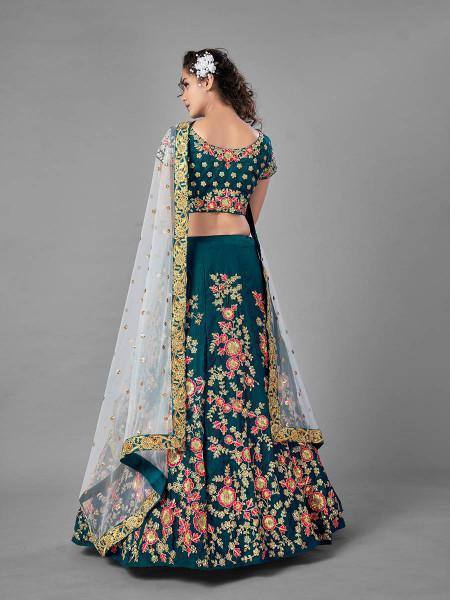 Rama Green Heavy Embroidered Satin Velvet bridal Lehenga - Ria Fashions