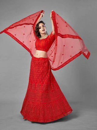 Red Heavy Embroidered Art Silk bridal Lehenga - Ria Fashions