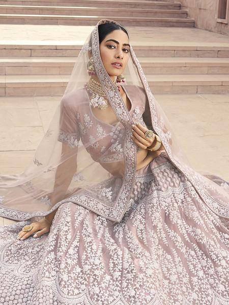 Mauve Heavy Embroidered Soft Net bridal Lehenga - Ria Fashions