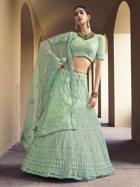 Green Heavy Embroidered Soft Net bridal Lehenga - Ria Fashions