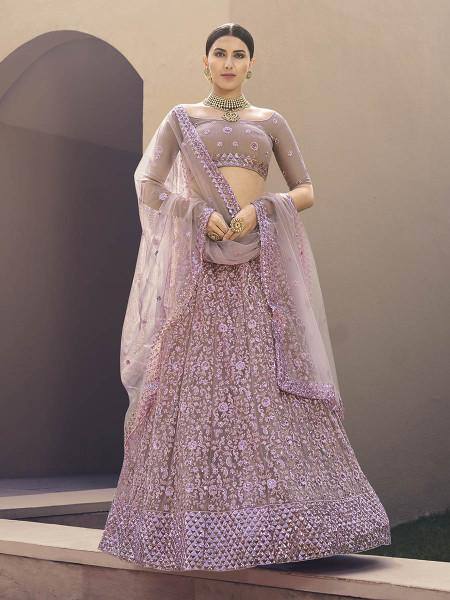 Lilac Heavy Embroidered Soft Net bridal Lehenga - Ria Fashions
