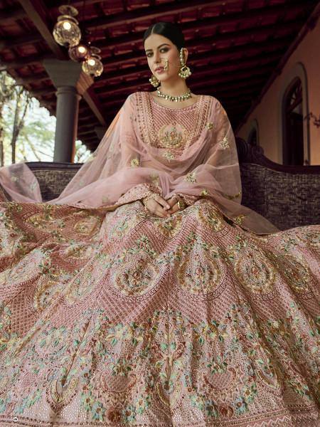 Peach Heavy Embroidered Georgette bridal Lehenga - Ria Fashions