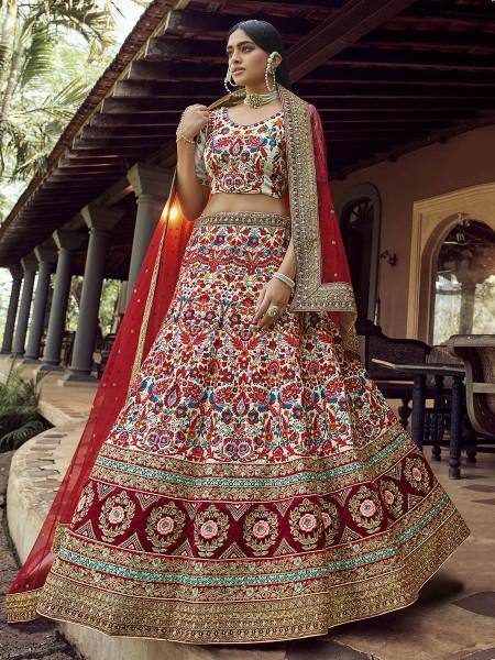 Red & Off White Heavy Embroidered Georgette Bridal Lehenga - Ria Fashions