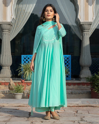 Cotton Embroidered Teal and Silver Colored Dress Set - Ria Fashions