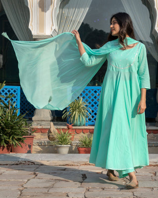 Cotton Embroidered Teal and Silver Colored Dress Set - Ria Fashions