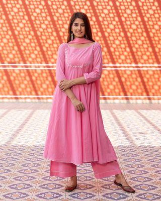 Cotton Embroidered Pink and Silver Colored Dress Set - Ria Fashions