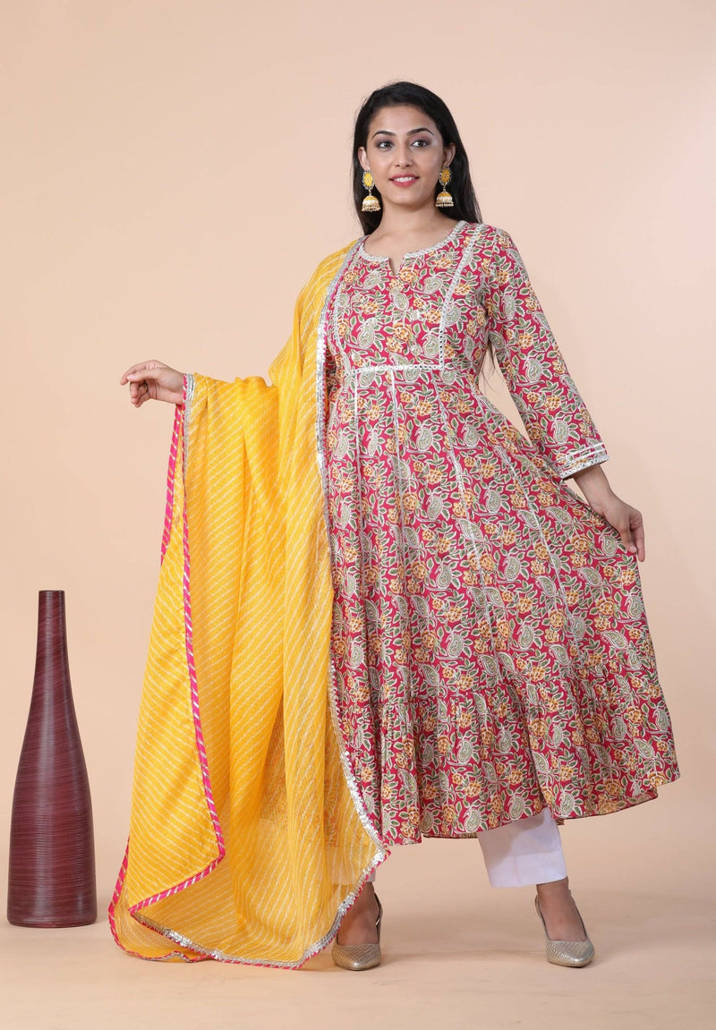 Cotton Anarkali Set With Gotta, Lace Work - Ria Fashions