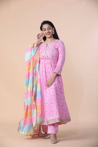 Premium Rayon Bandhani Print Anarkali Set With Gotta Patti Work And Cotton Dupatta - Ria Fashions