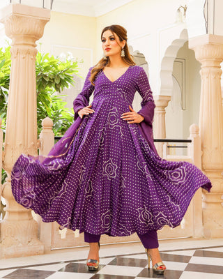 Kurta Pant Set Anarkali Style with Bandhej Modal - Violet - Ria Fashions