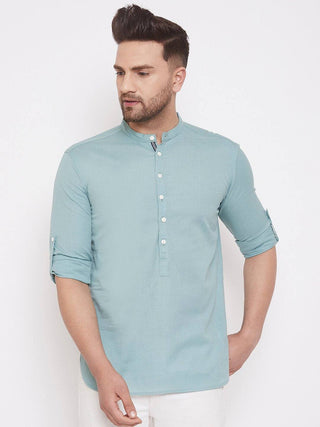 Green-Blue Cotton Men's Woven Design Straight Full Sleeves Kurta - Ria Fashions