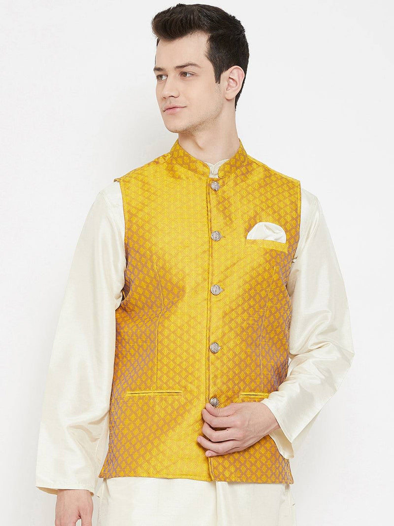 Gold Banarasi Silk Men's Nehru Jacket - Ria Fashions