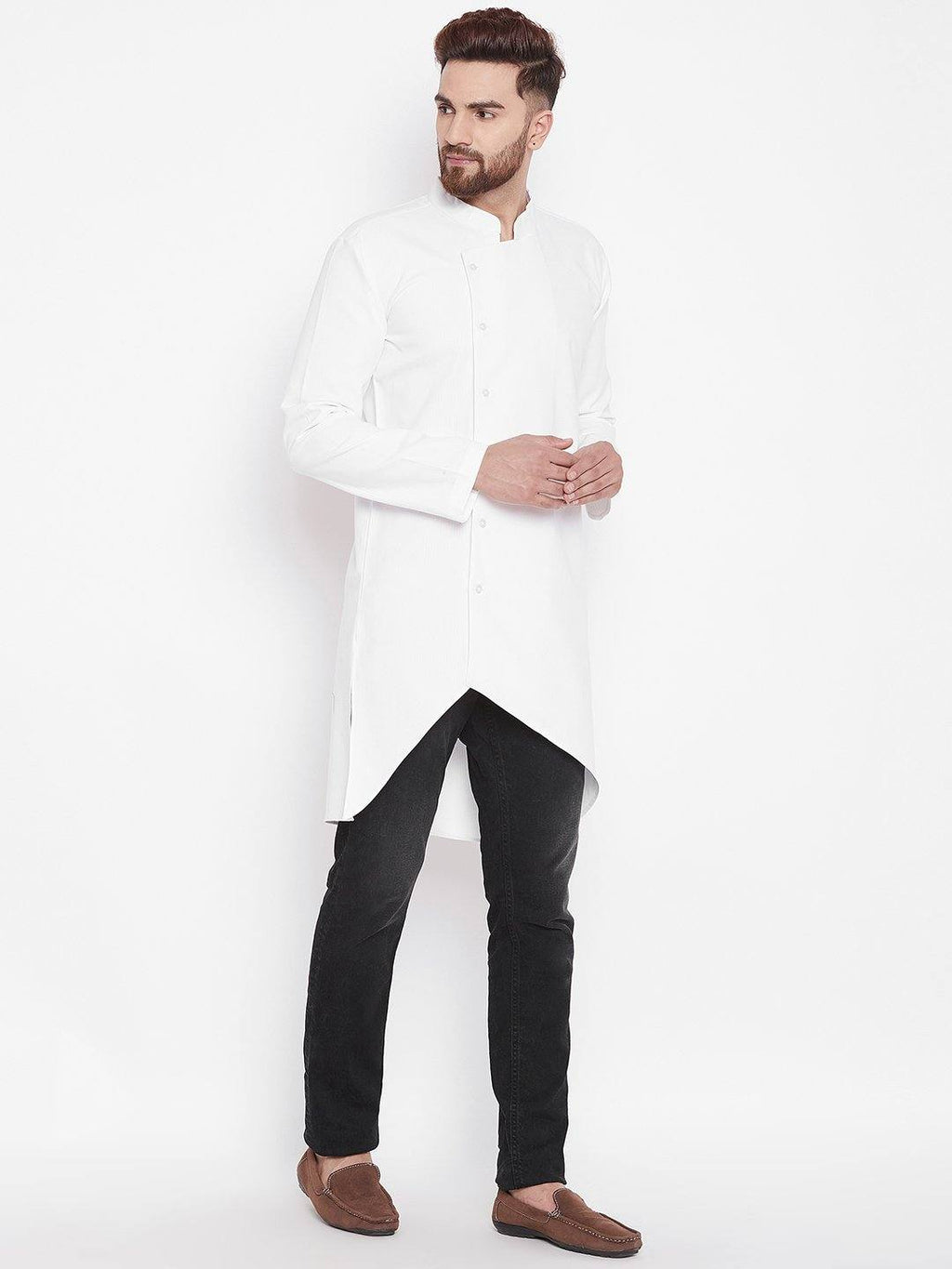 Asymmetrical White Solid Cotton Men's Kurta - Ria Fashions