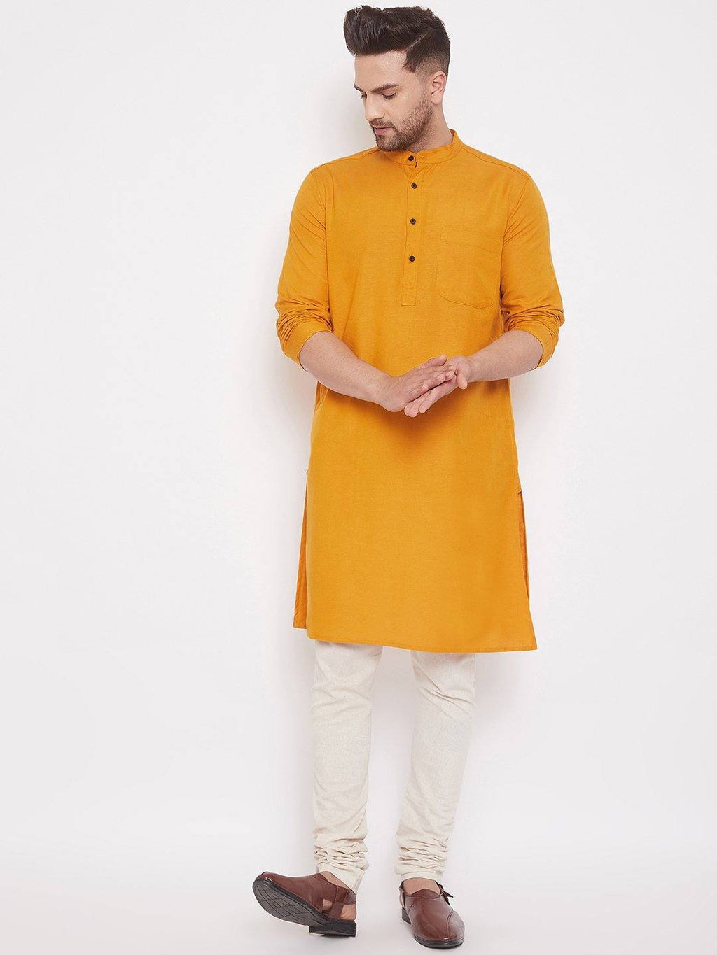 Orange Men's Cotton Pintuck Kurta Full Sleeves - Ria Fashions
