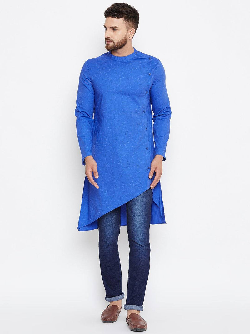 Asymmetrical Blue Pure Cotton Men's Kurta - Ria Fashions