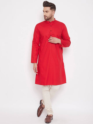Red Cotton Men's Woven Design Straight Kurta Full Sleeves - Ria Fashions