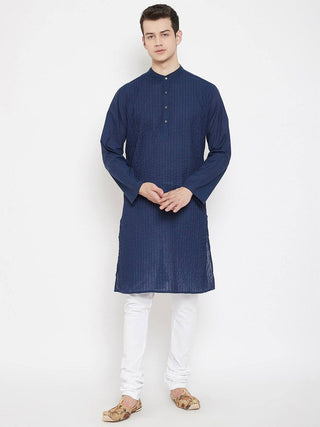 Blue Woven Design Cotton Men's Kurta - Ria Fashions