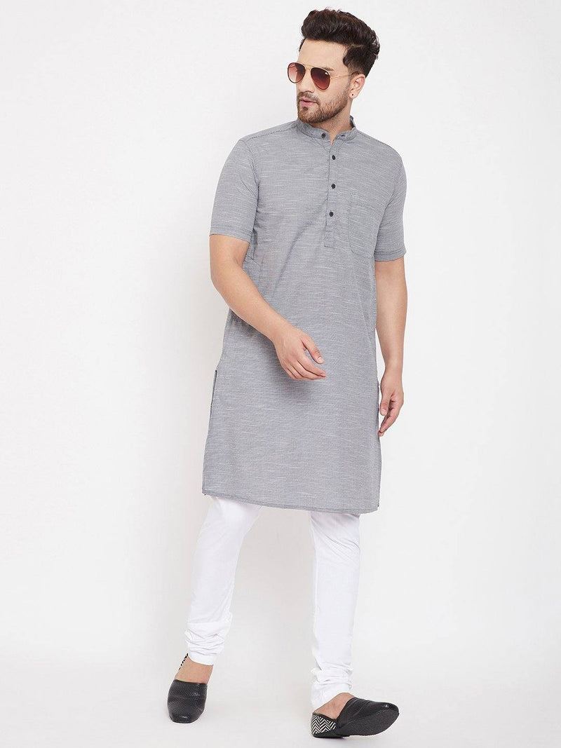 Grey Solid Cotton Men's Kurta Set with White Churidar - Ria Fashions
