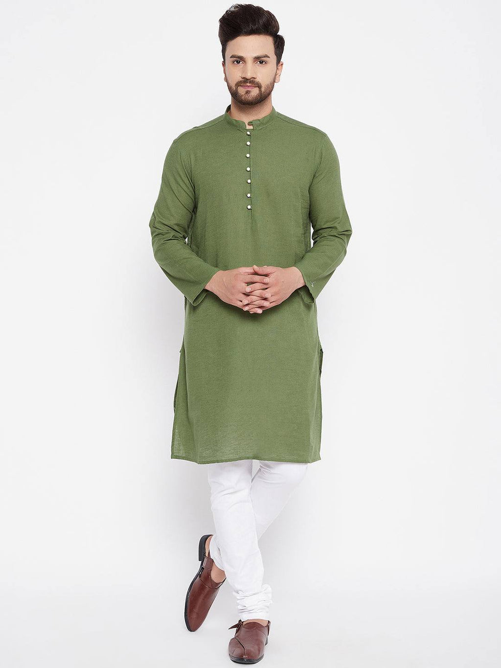 Long Green Cotton/Linen Men's Kurtas - Ria Fashions