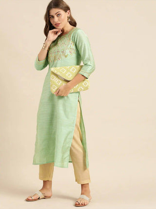 Sea Green Floral Embroidered Kurta - Ria Fashions