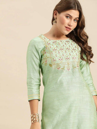 Sea Green Floral Embroidered Kurta - Ria Fashions