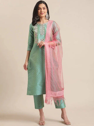 Sea Green Woven Design Kurta with Trouser & Dupatta - Ria Fashions