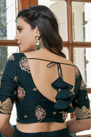 Green Organza Zari, Thread & Sequins Embroidered Work Lehenga Choli Set with Butterfly Net Dupatta