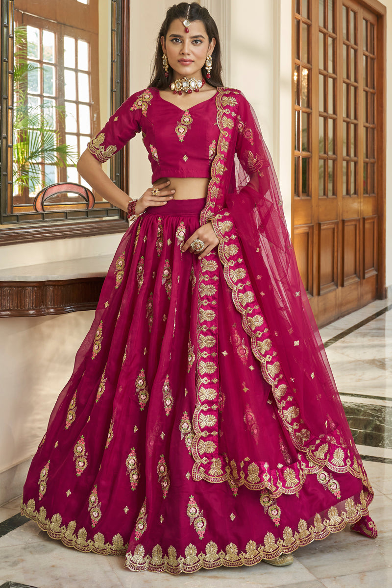 Pink Faux Organza Zari, Thread & Sequins Embroidered Work Lehenga Choli Set with Butterfly Net Dupatta