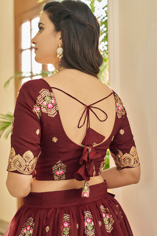 Maroon Faux Organza Zari, Thread & Sequins Embroidered Work Lehenga Choli Set with Butterfly Net Dupatta
