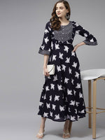Black & White Bird Print Dress - Ria Fashions