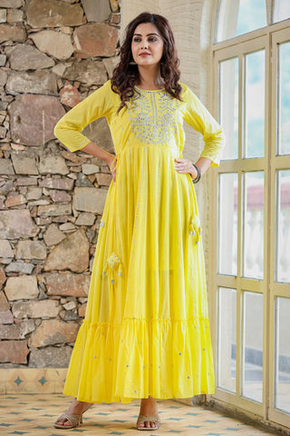 Yellow Mirror Work Ethnic Gown